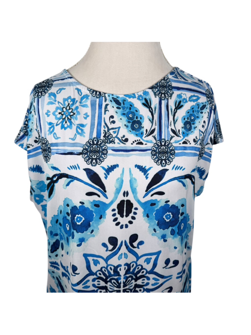 Mely New York Blue White Tile Print Shift Dress Mediterranean Beachy Size XL - Picture 3 of 10